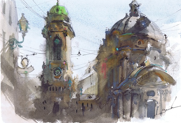 City Domes Watercolor Urban View by Samira Yanushkova