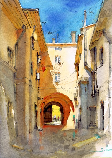 Watercolor City Alley by Samira Yanushkova