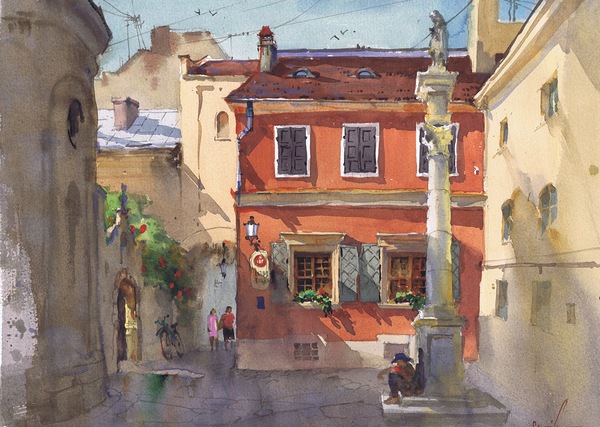 City Street Watercolor Painting by Samira Yanushkova