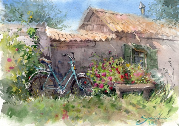 Bike near the fence in flowers in nature by Samira Yanushkova