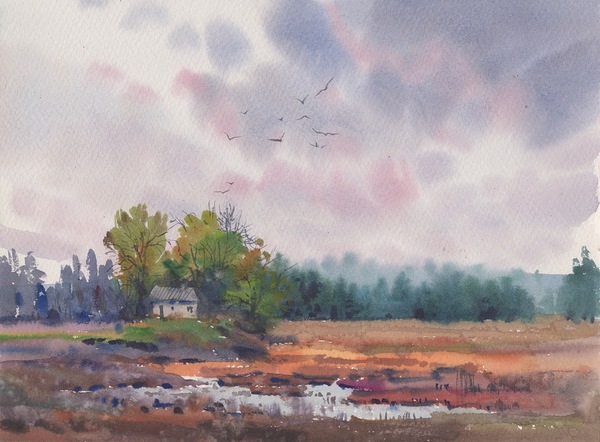 Countryside landscape - watercolor by Samira Yanushkova