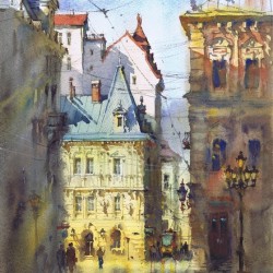 European Street Scene Watercolor