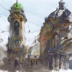 City Domes Watercolor Urban View