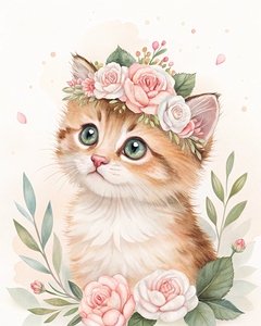 Watercolor Kitten with Floral Crown – Soft & Dreamy Nursery Art Print