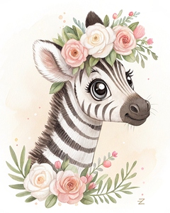 Watercolor Zebra with Floral Crown – Elegant Safari Nursery Art Print