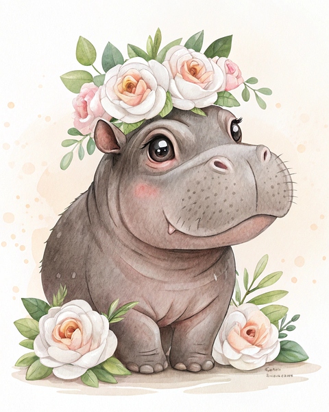 Watercolor Hippo with Floral Crown – Cute Safari Nursery Art Print by Outbox