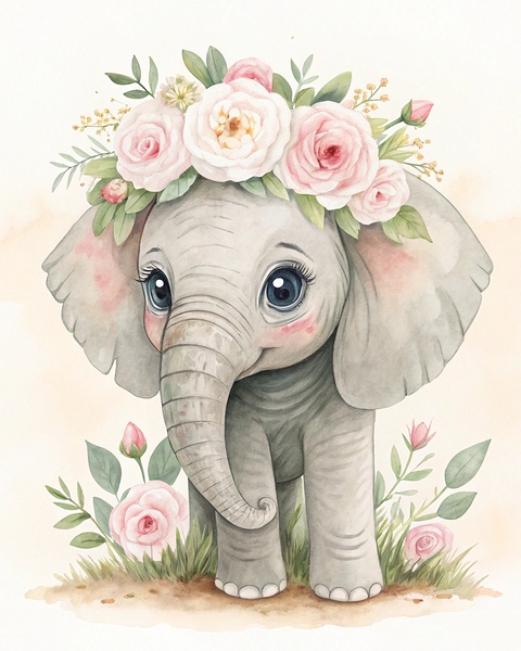 Watercolor Elephant with Floral Crown – Gentle Safari Nursery Art Print by Outbox