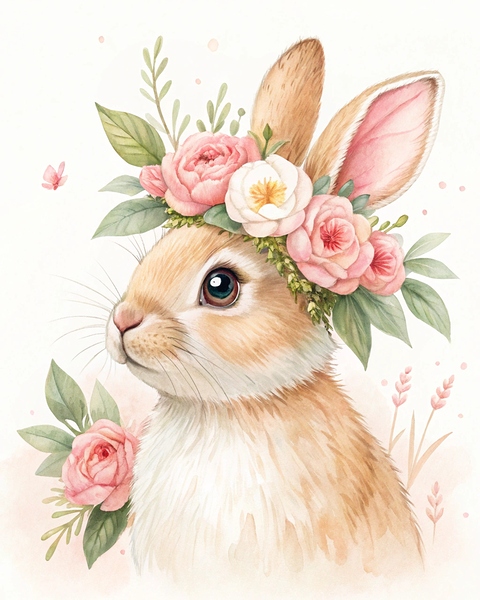 Watercolor Rabbit with Floral Crown – Soft & Dreamy Nursery Art Print by Outbox