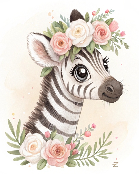 Watercolor Zebra with Floral Crown – Elegant Safari Nursery Art Print by Outbox