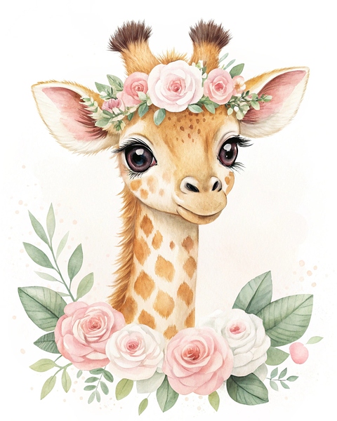 Watercolor Giraffe with Floral Crown – Elegant Safari Nursery Art Print by Outbox