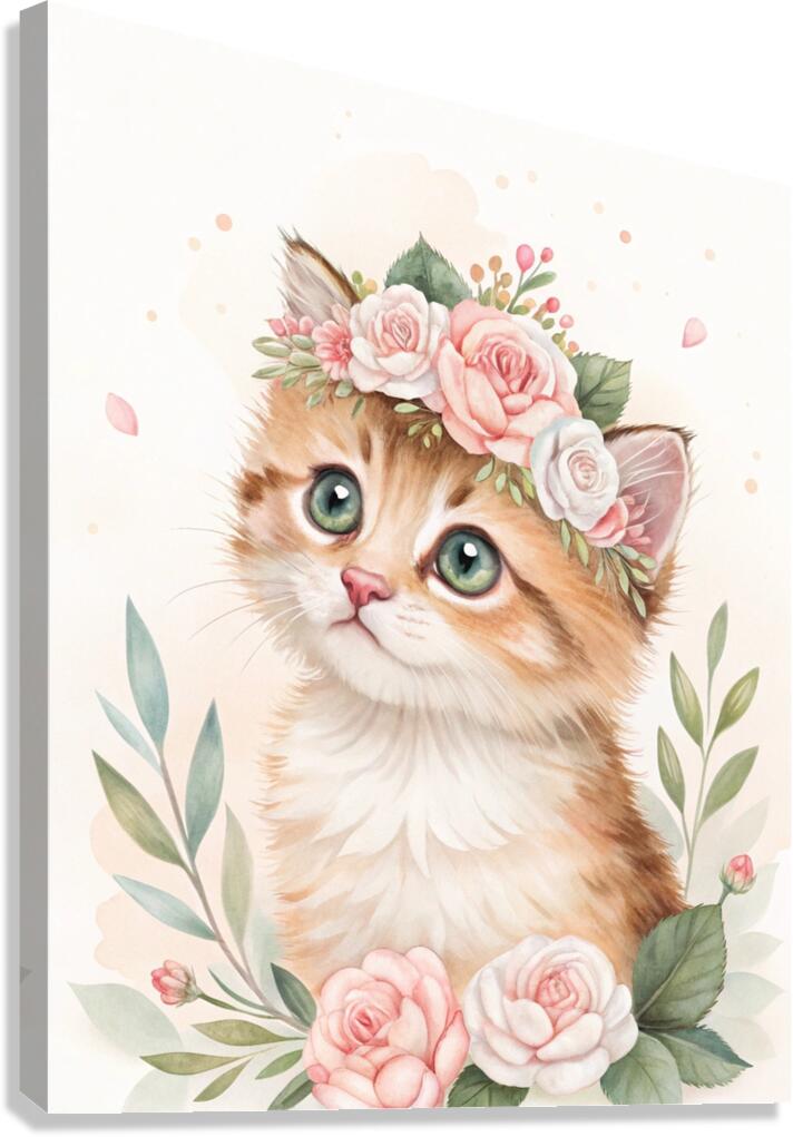 Watercolor Kitten with Floral Crown – Soft & Dreamy Nursery Art Print Canvas Print