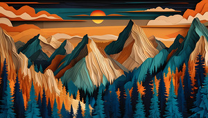 Layered Paper-Cut Mountain Landscape: A Sunset Symphony of Nature