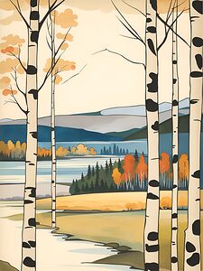 birch trees woods watercolor romantic scene river