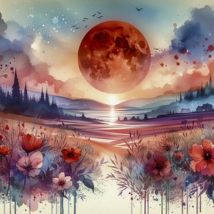 red moon fantasy landscape flowers