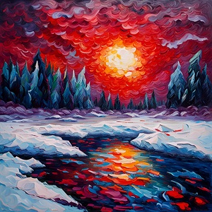 sunset painting abstract sun trees river water sn