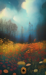 wildflowers field outdoors clouds trees cover art