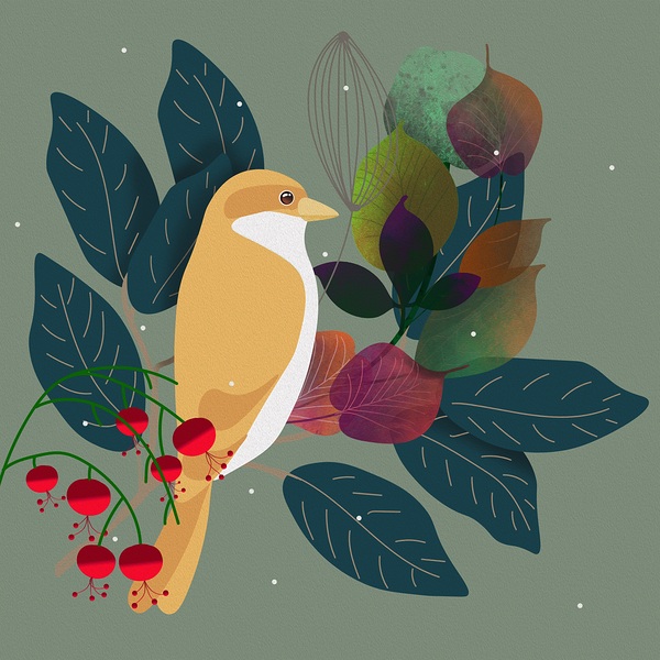 flowers branches leaves bird plants spring summer Print