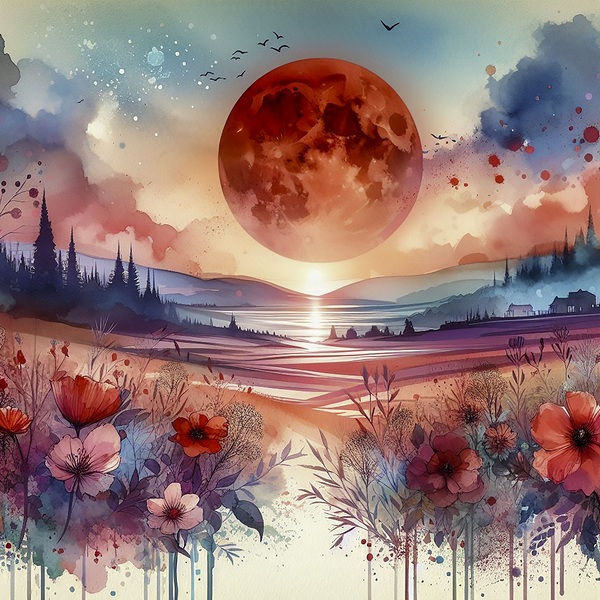 red moon fantasy landscape flowers Print