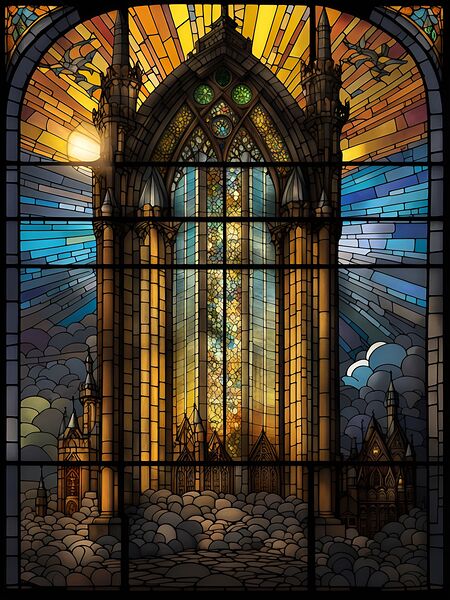 stained glass window artistic light scene castle. Print