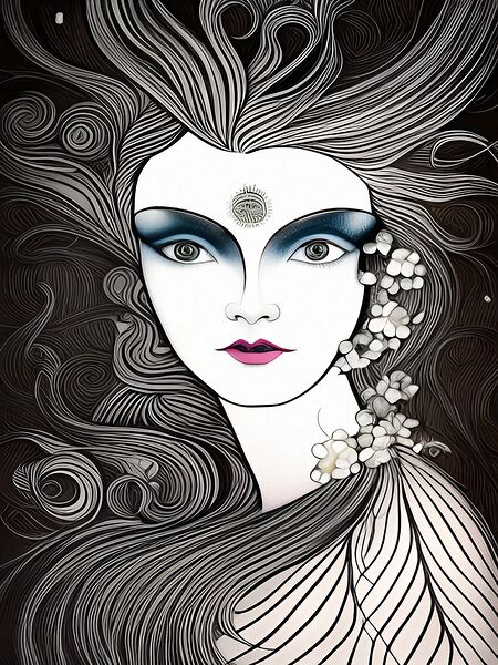 woman face art nouveau line art drawing vintage r Print