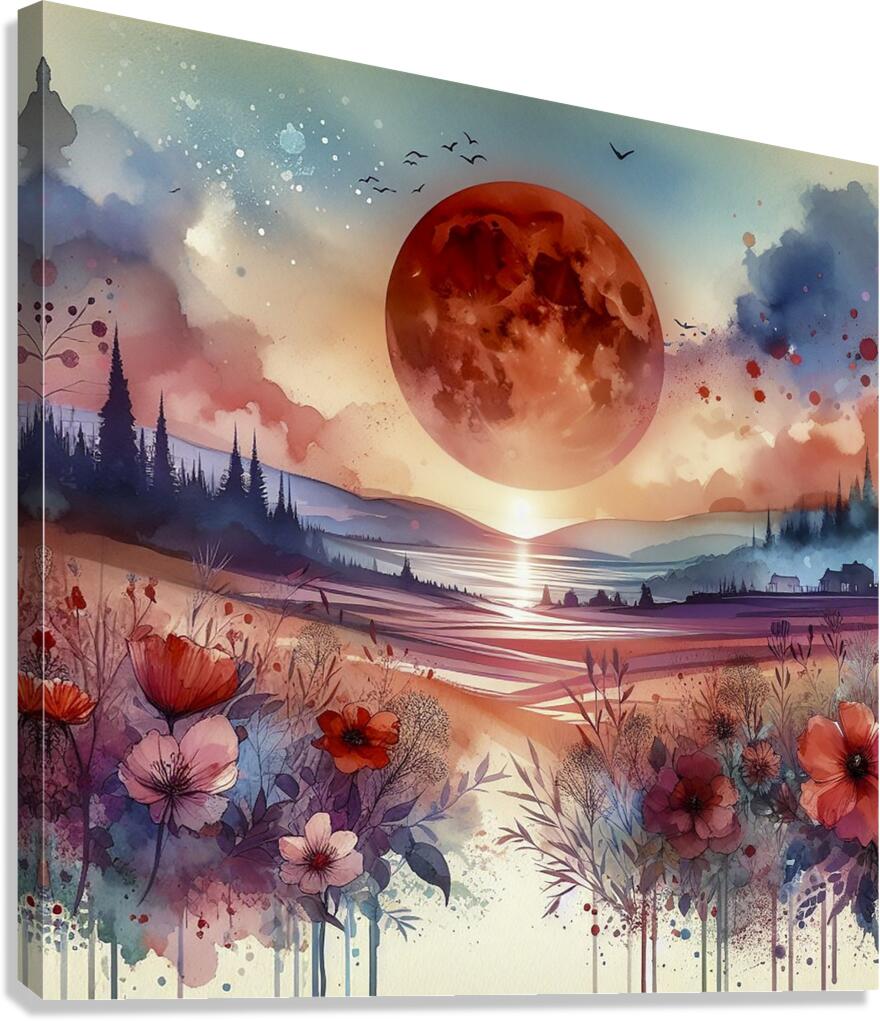 red moon fantasy landscape flowers Canvas Print