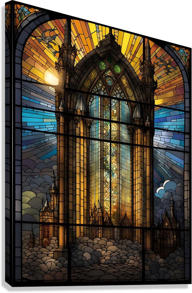 stained glass window artistic light scene castle. Canvas Print