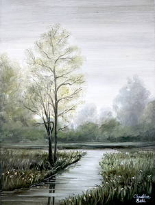 Original Landscape Oil Painting Meadow Trees Wate