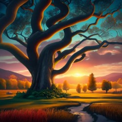 Sunset Nature Landscape With Big Tree Backg