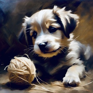 Cute puppy with a ball of wool