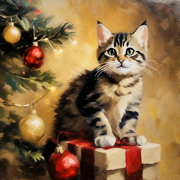 Cute kitten sat on a Christmas present by Island Art Studio