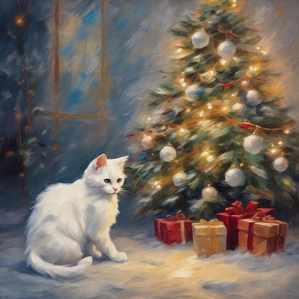 Cute white cut sat in front of the Christmas tree by Island Art Studio