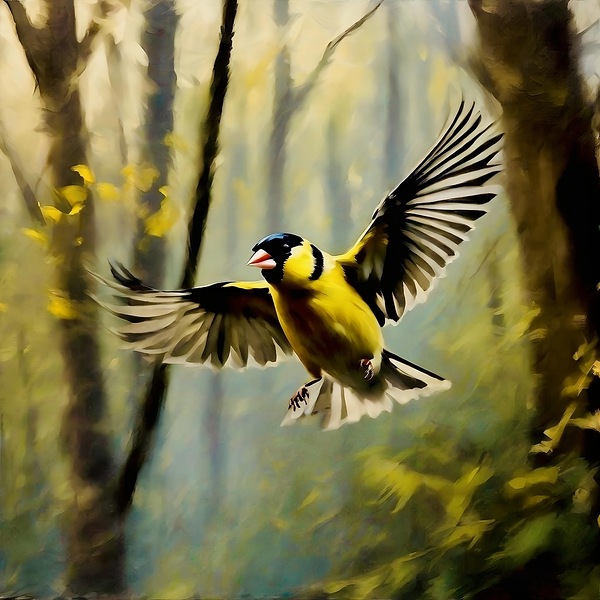 American Goldfinch flying between trees by Island Art Studio