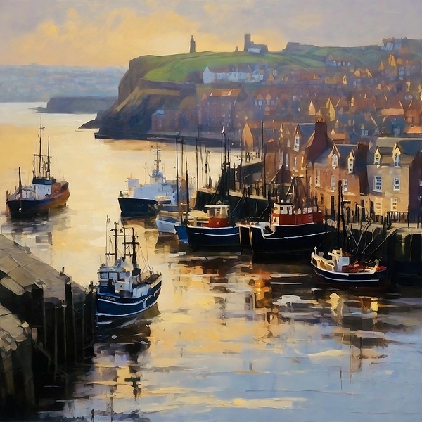 Whitby harbour at twilight by Island Art Studio