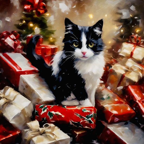 Cute kitten sat on Christmas presents by Island Art Studio
