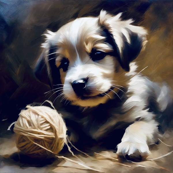 Cute puppy with a ball of wool by Island Art Studio