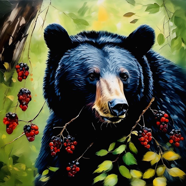 Black bear eating wild berries by Island Art Studio