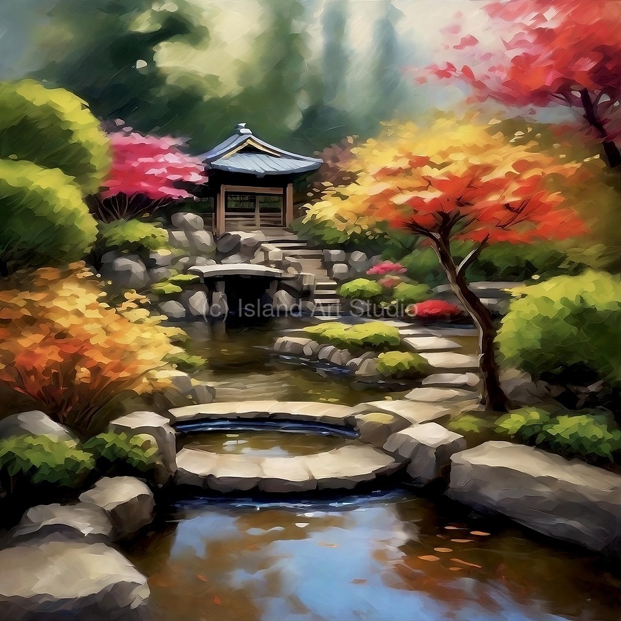 Tranquil Japanese garden by Island Art Studio Wall Art