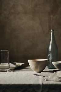 Moody table still life with hand made ceramics