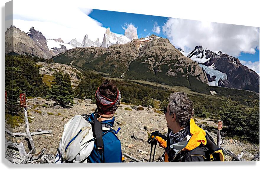 Fitz Roy Massif and Glacier Piedras Blancas behind explorers Canvas Print