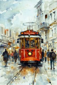 Taksim-Tunel Nostalgia Tram Istanbul Watercolor