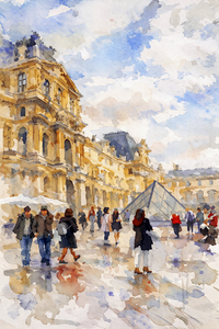The Louvre Paris Watercolor City Scene