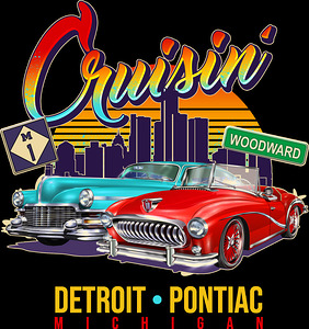 Cruisin Detroit to Pontiac Classic Car Art Vintage Auto Cruise Poster Retro Muscle Car Wall Print Motor City Road Trip Design