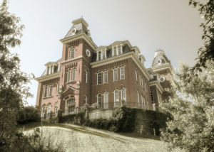 Sepia of Woodburn Hall at WVU in Morgantown