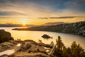 Sunrise over Emerald Bay on Lake Tahoe