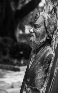 Statue of Gerald Durrell in Corfu in black and white