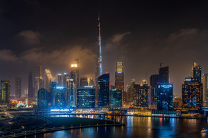 Offices and apartments of Dubai Business Bay with district behin