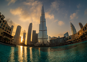 Sunset over the towers of Dubai downtown business district