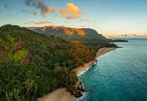 Aerial image of Lumahai Beach on the north shore of Kauai
