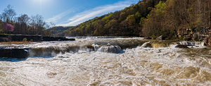 Eye level view of raging flooded Valley Falls near Fairmont