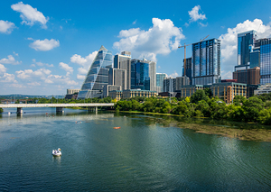 Cityscape of apartments in Austin Texas across Lady Bird Lake